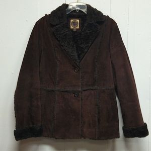 Giacca chocolate brown sueded genuine leather and faux fur coat size medium